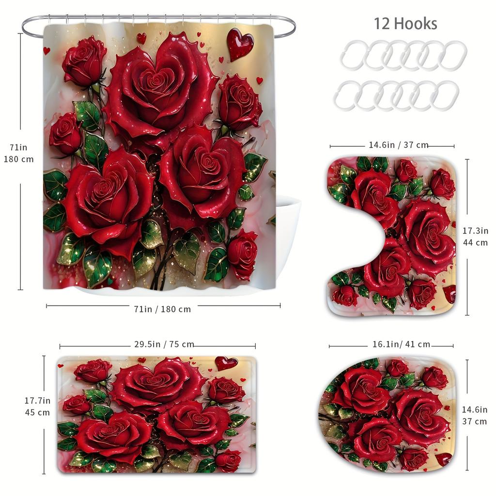 4 Stück Elegante Rote Rose Wasserdichter Duschvorhang mit 12 Haken Rutschfester Badteppich WC U-Form Matte WC-Deckelbezug Pad