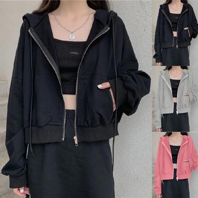 Kadın Günlük Kısa Fermuarlı Hırka Kapüşonlu Ceket Sweatshirt Kadın Düz Renk İnce Uzun Kollu