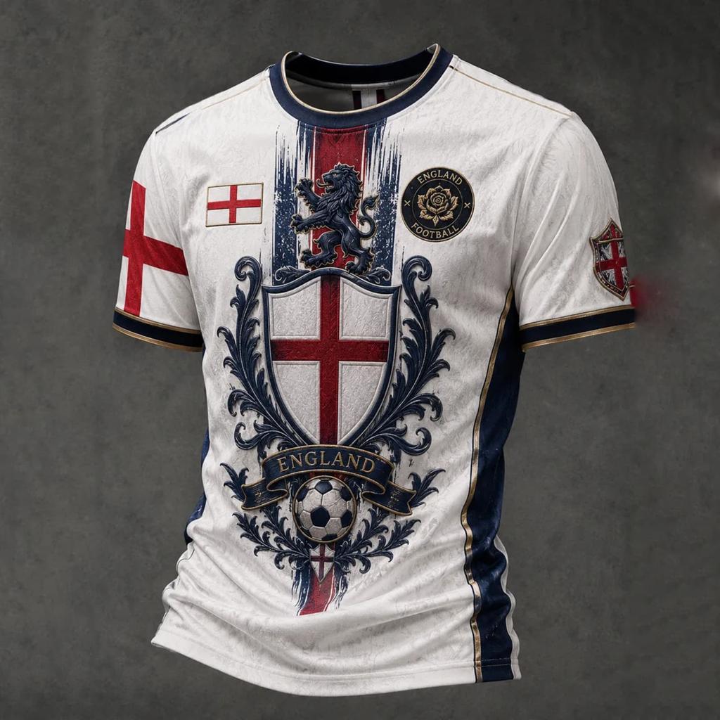 Men's England Football Printed Jersey Short Sleeve Crew Neck Athletic Soccer Shirt Lightweight Breathable Sportswear for Training and Casual Wear