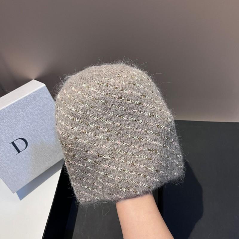 Winter Knit Beanie Rabbit Fur Striped Warm Soft Fashion Small Fragrance Hat Outdoor