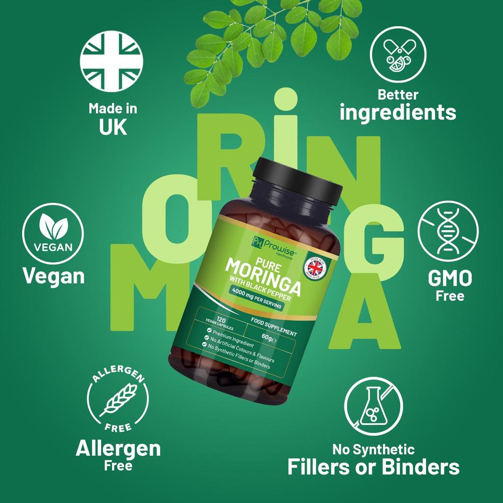Reines Moringa 4000mg - 120 Vegane Kapseln mit Schwarzem Pfeffer