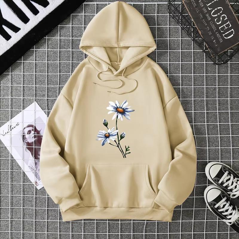 2025Creative White chrysanthemumPattern Women clothing Soft Simplicity hoddy Hot Sale Basics Streetwears Personality Hip Hop Top