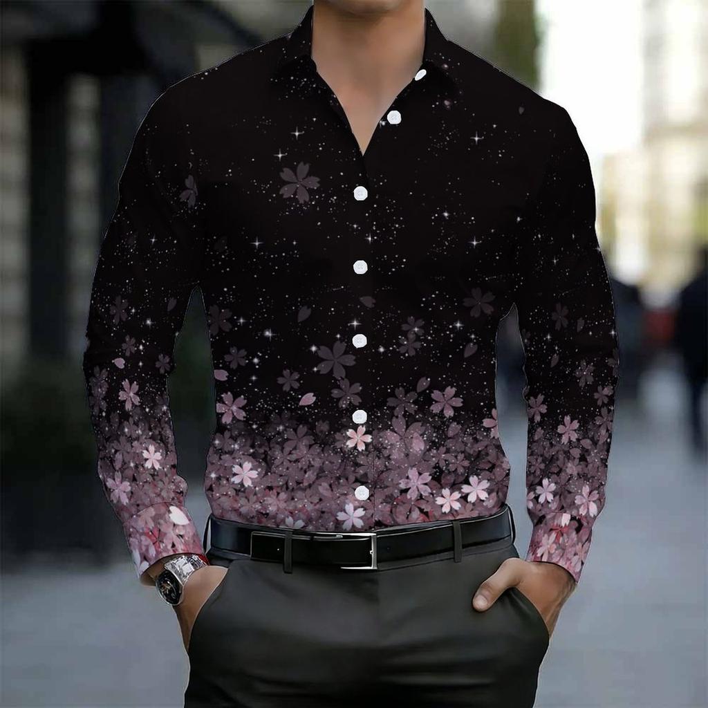 Men Collared Shirt Black Gradient Pink Cherry Blossom Star Print Long Sleeve Button Down Top