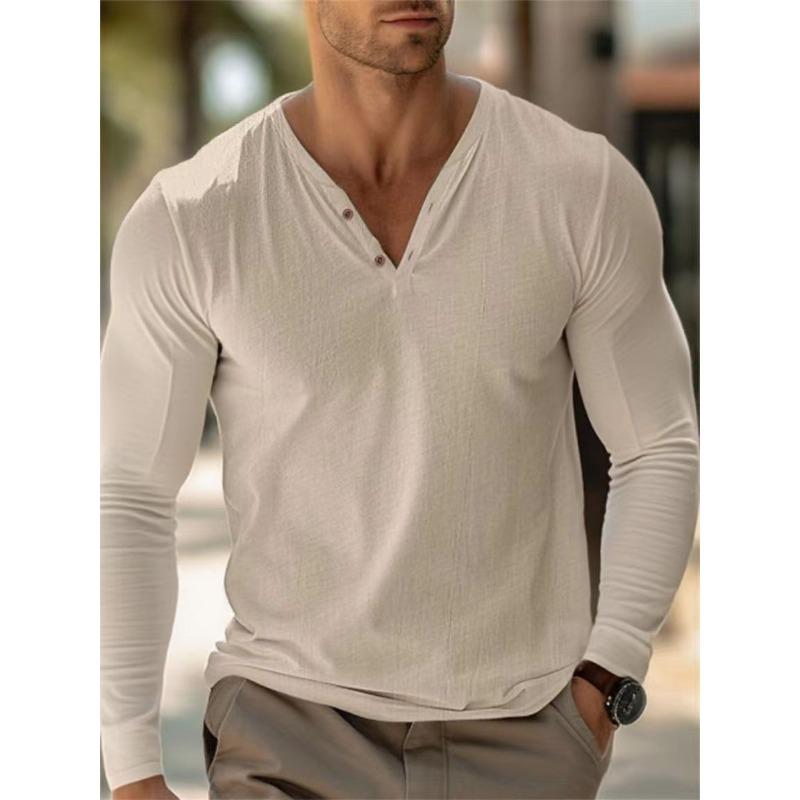 Men's Cotton Linen V-neck Button Solid Color Long-sleeved T-shirt Autumn Casual Versatile Comfortable Top