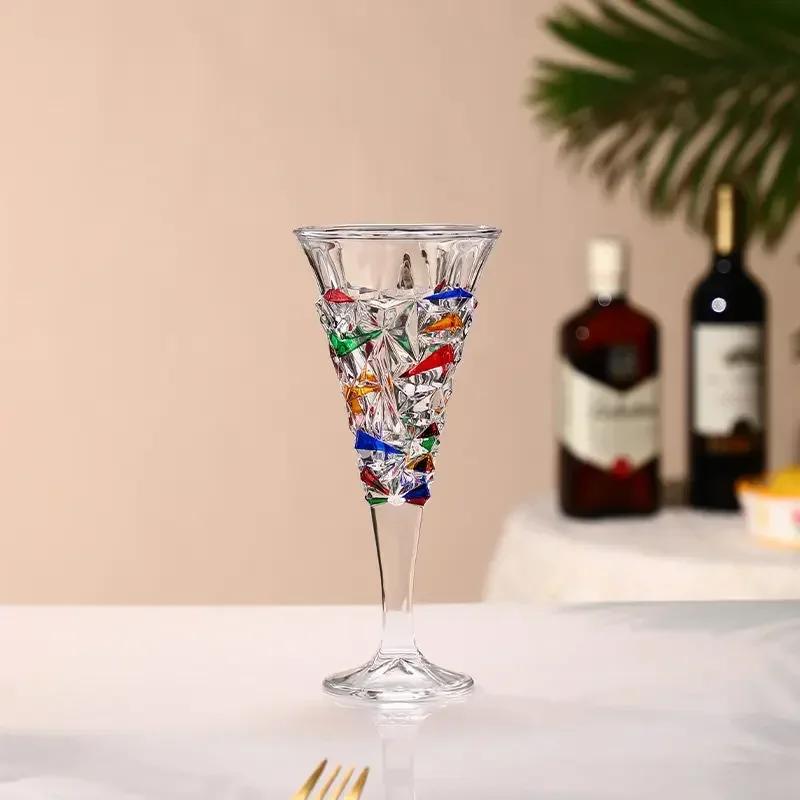 1/2pcs Hand Drawn Diamond Carved Crystal Glass Cup Rainbow Diamond Gloss Champagne Cup Thickened Design Red Wine Tall Glasses