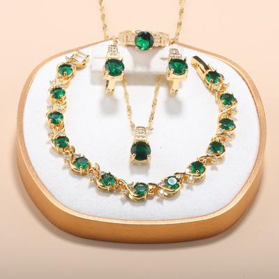 Ensemble de 5 pièces Nouveau Bijou de Mariage Marocain Plaqué Or Collier et Boucles d'Oreilles Parure Ensembles Verts Accessoires Classiques pour Femmes Africaines