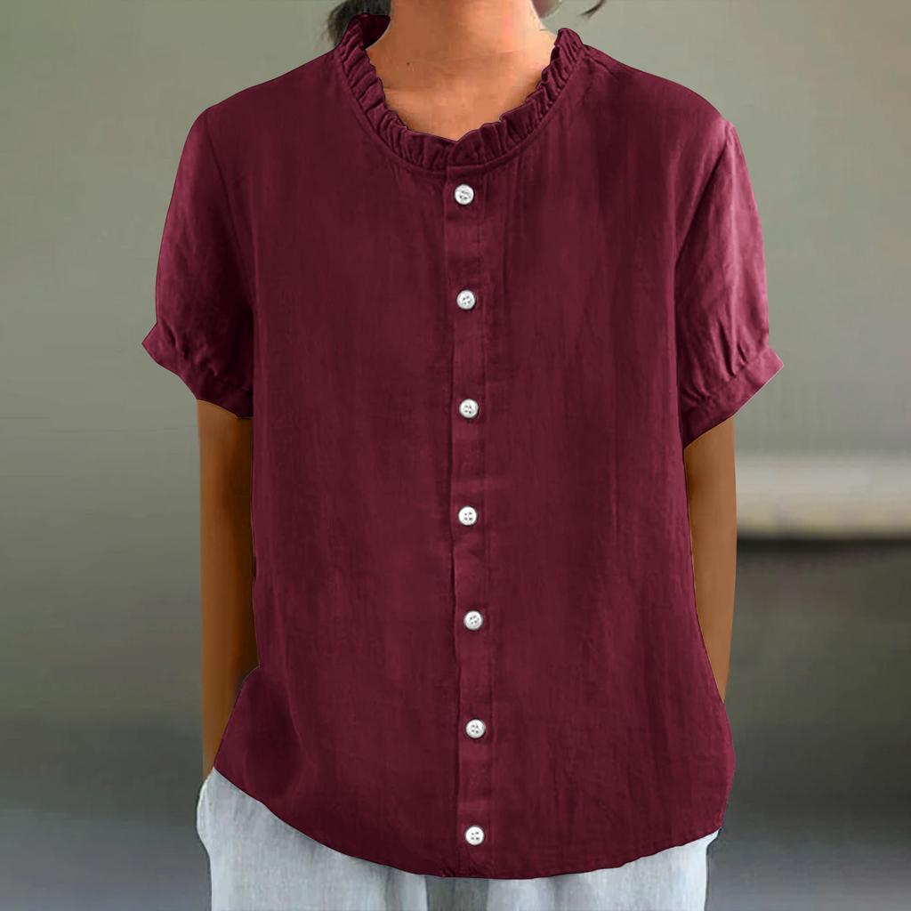 Summer Stand Collar Button Decoration Pure Color Short-sleeved Women's T-shirts