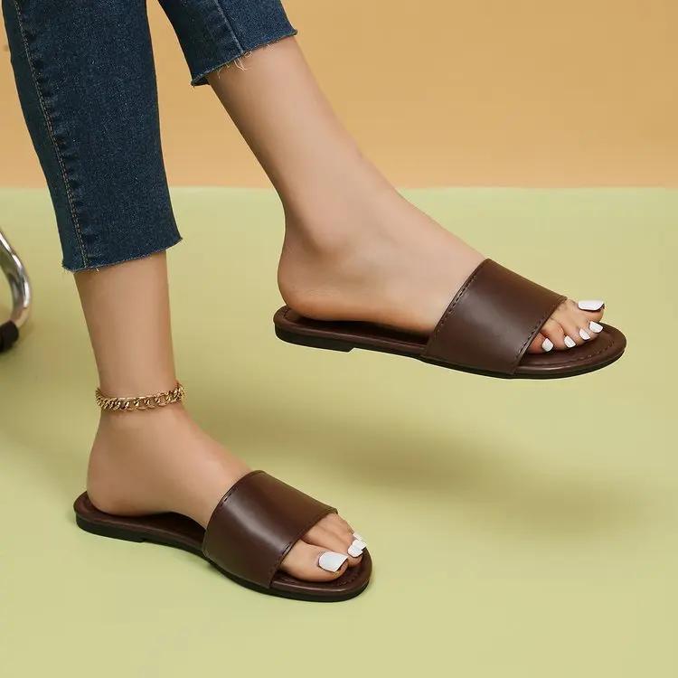 Mote Sommer Dame Tøfler Lær Firkantet Tå Dame Flats Flip Flops Designer Dame Slides Sandaler Damesko Luksussandaler