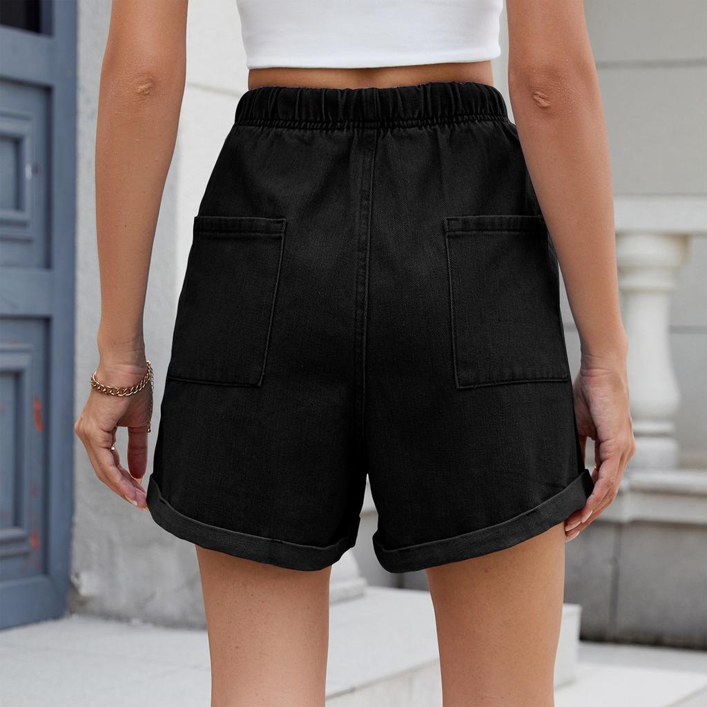 Women's Fashion Solid Color Pocket Curled Edge Elastic Waist Strap Casual Denim Shorts