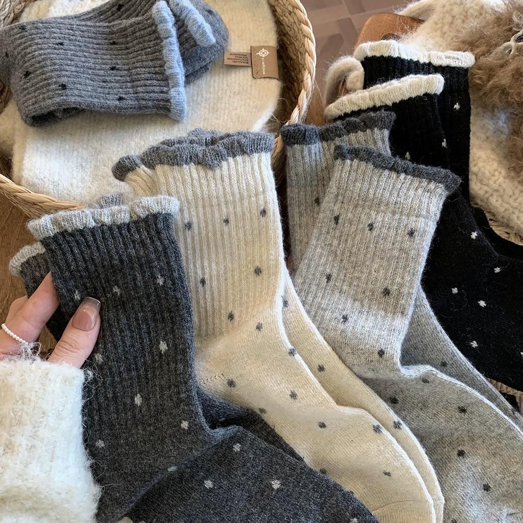 Winter Lace Color-Blocking Polka Dot Wool Socks Thickened Warm Birkenstock Stockings Piled Up With Socks