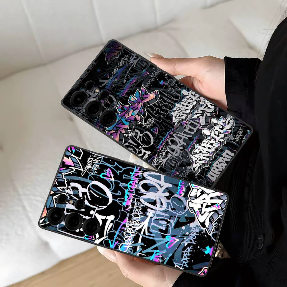 Cool Black Graffiti Phone Case For Samsung S 20 21 22 23 lite plus ultra Clear Mobile Cover Funda