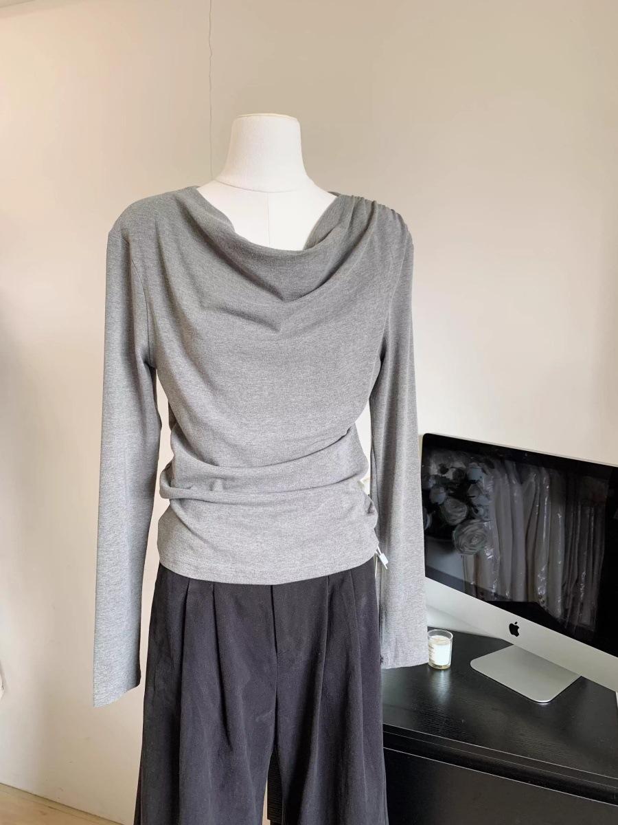 

Футболка женская с длинным рукавом и открытым плечом, с отложным воротником, весенняя новинка, облегающая, в стиле Spice Girl, для ношения под низ XL серый