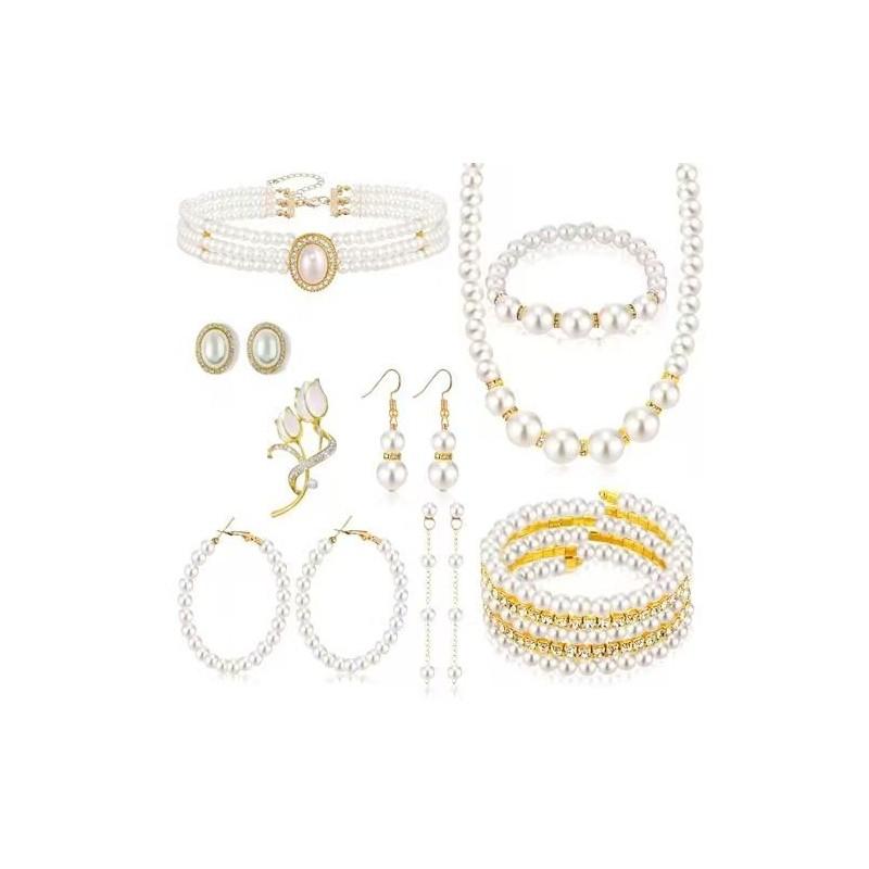 Vintage Chic Artificial Pearl Necklace And Earrings Set For Party Wear With Geometric Design