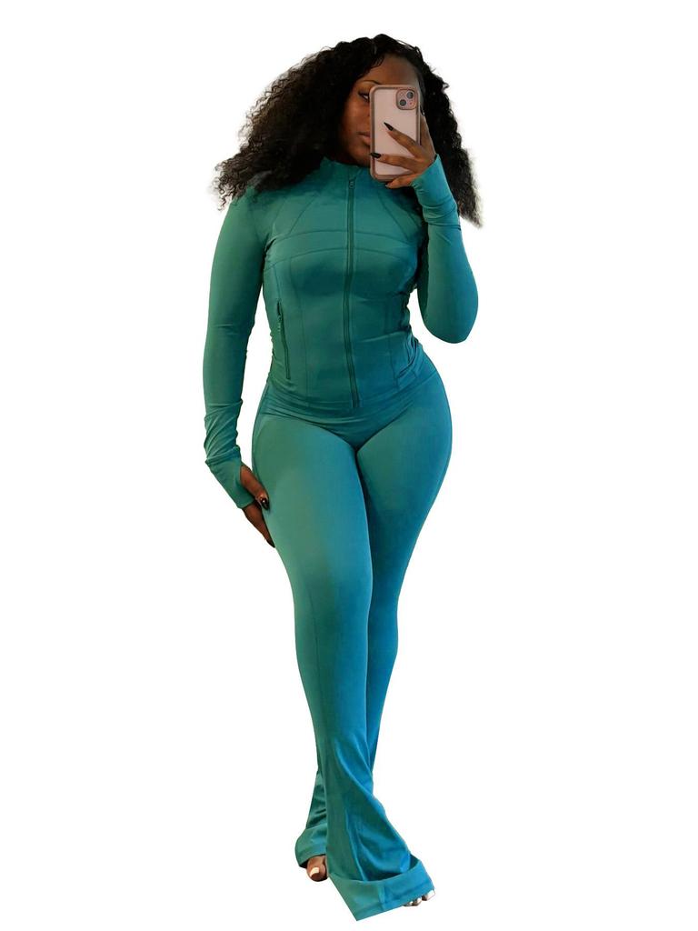 HR24057 Women's Sexy Long Sleeve Flare Two-Piece Sports Casual Set