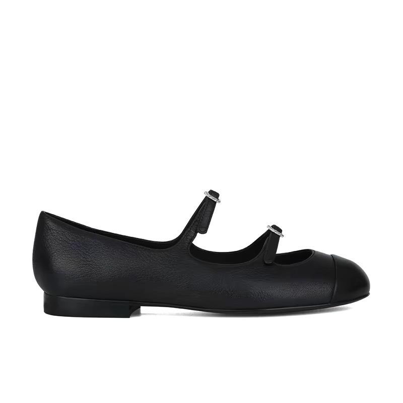 Cowhide Version~ Rhinestone One-word Buckle Belt Leather Single Shoes Women's Shallow Flat Shoes Mary Jane Shoes