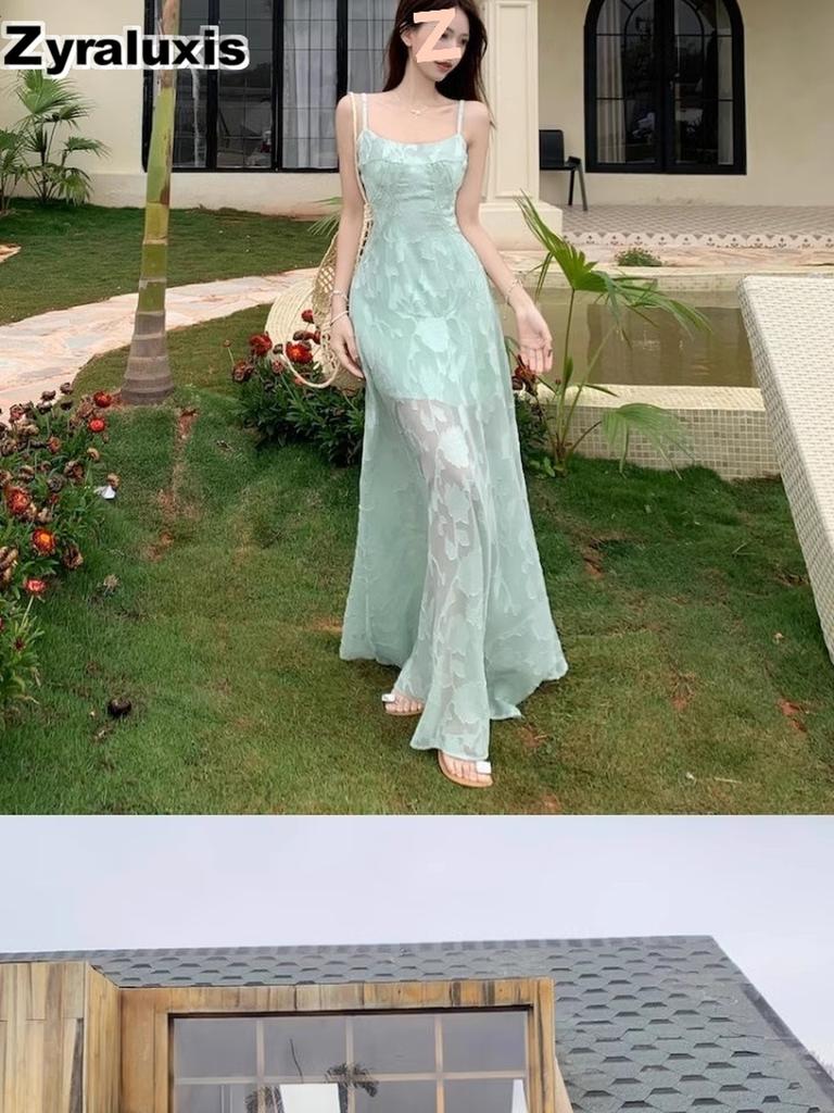 Summer New French Fresh Sweet Strappy Dress for Women Beach Vacation Outfit High Waist Midi Skirt
