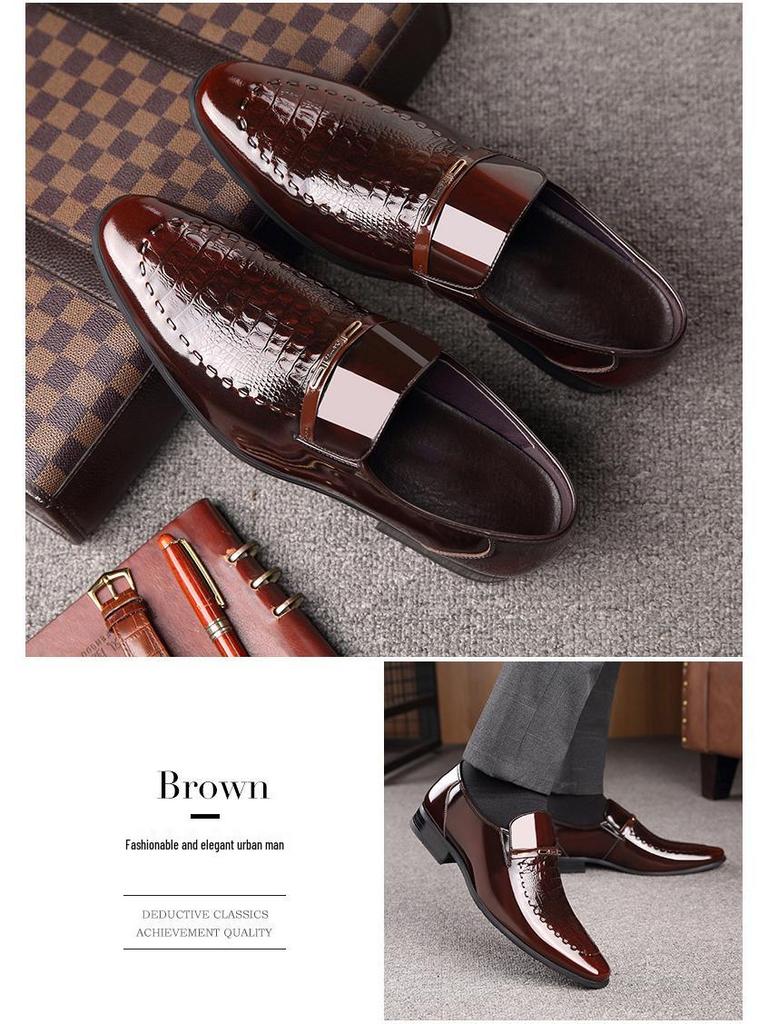 Men's Plus Size Crocodile Pattern Patent Leather Business Slip-On Shoes, Pointed Toe, Shiny Finish