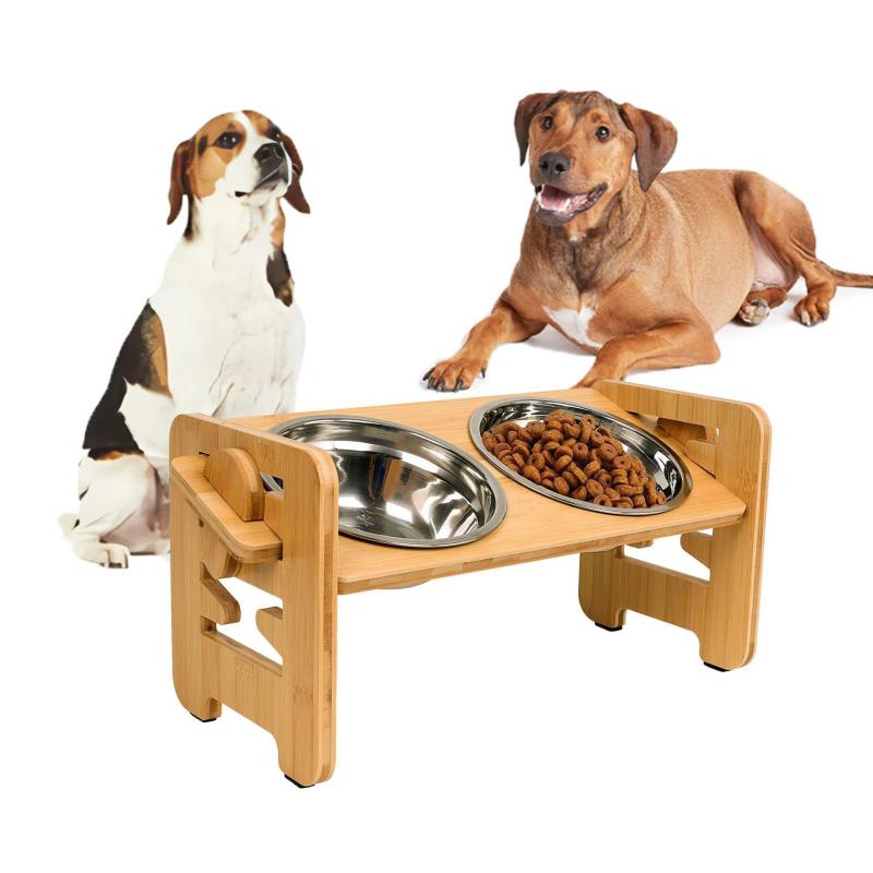 Bamboo And Wood Adjustable Cat And Dog Feeding Rack Cat Bowl Feeder Pet Bowl Stainless Steel Meal Rack