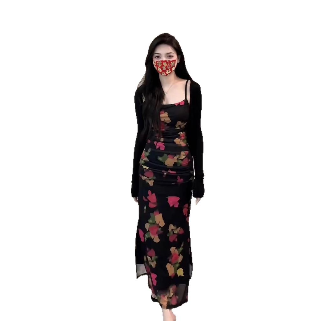 Pure Desire Spice Girl Print Suspender Skirt Set Women's Summer Outer with Sunscreen Cardigan Design Feeling Waist Floral Long Skirt