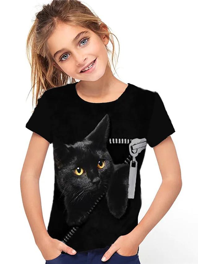 Cat Print T-shirt, Summer Casual Short Sleeved Round Neck Top for Children and Girls, As A Gift Top