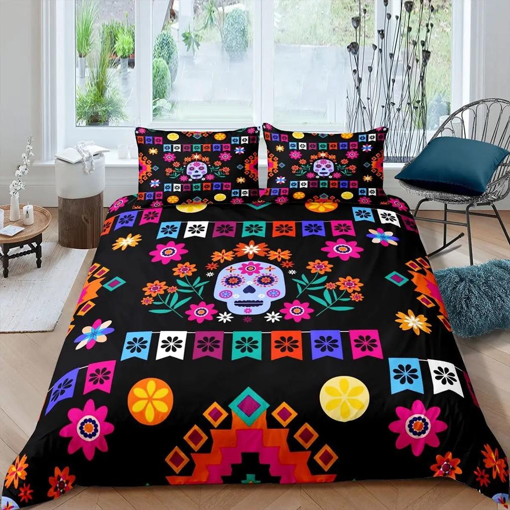 Sugar Skull Duvet Cover Set, Monochrome Skull with Roses Leaves and Diamond Shape Folklore Festival Print,Decorative Bedding Set