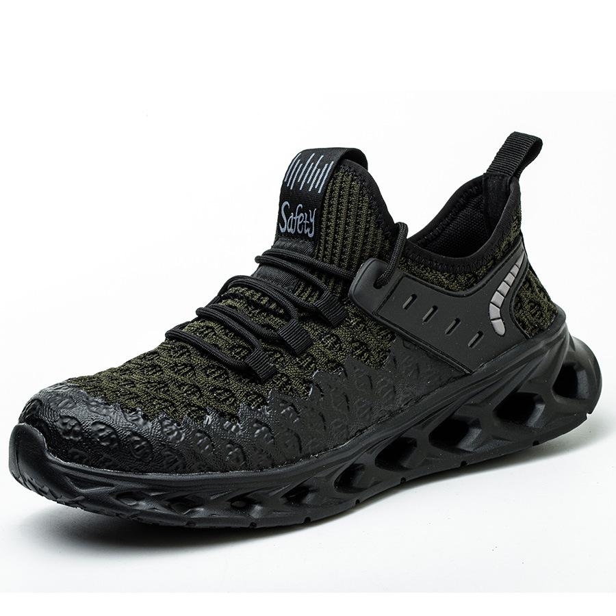 

men s anti-smash and anti-puncture wear lightweight rubber-plastic sole breathable fly-woven safety work shoes men s protective shoes Green; 48