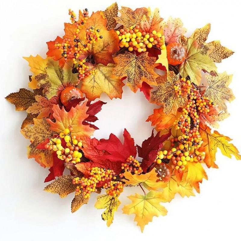 Harvest Wreath With Pumpkins Berries Vine Circle Halloween Thanksgiving Door Decor