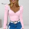 Women Spring Summer Tops Square Collar Puff Long Sleeve T-shirt Flower Decor Solid Color Slim Fit Tee Shirt Streetwear
