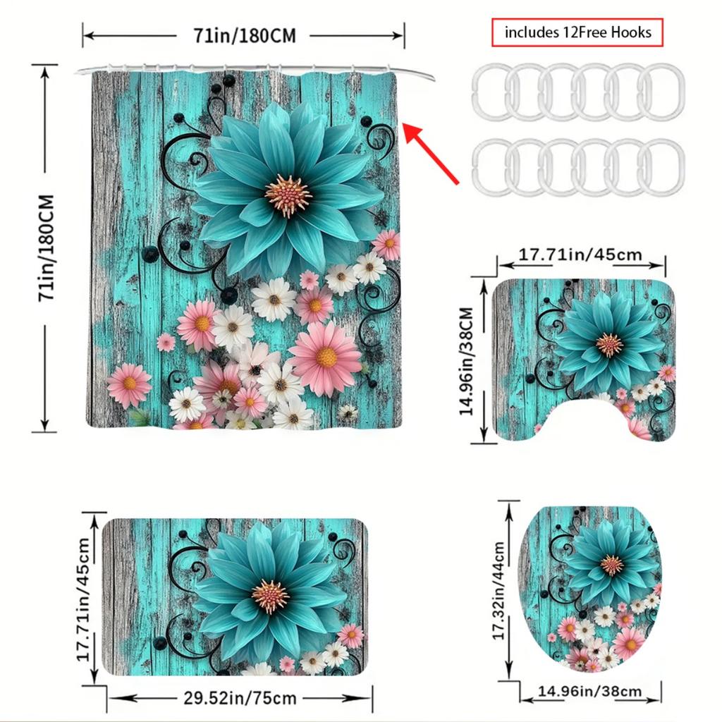 Ensemble de rideau de douche Art Moderne 4 pièces avec tapis de bain antidérapant, housse de siège de toilette, tapis contour et 12 crochets, Décoration de salle de bain