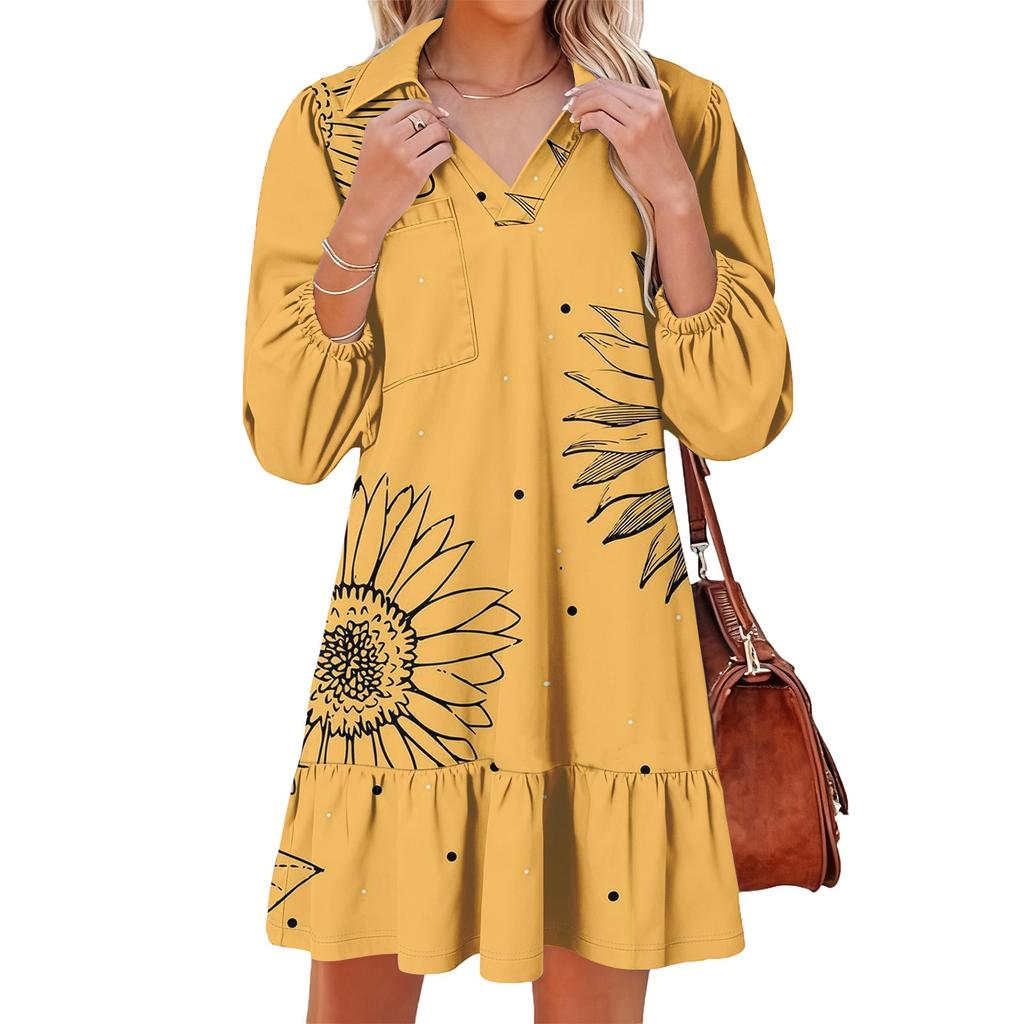 Damenmode Elegant Herbst Und Winter Langarm V-Ausschnitt Weihnachtsprint Kleid