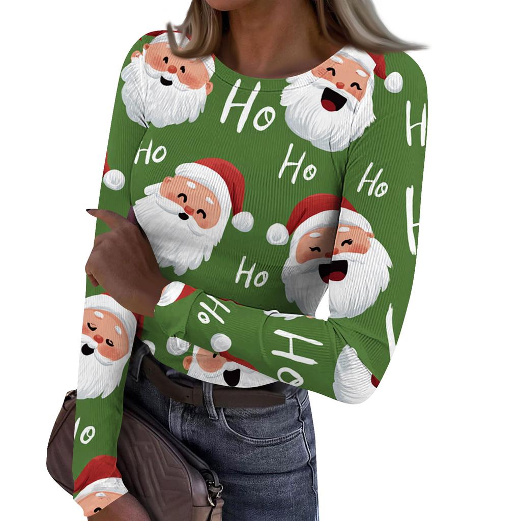 Women's Fashion Slim-Fit Round Neck Base Layer T-Shirt Christmas Print Long-Sleeved Top