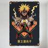 Vintage Metal Tin Sign with Anime Characters, Spiky Hair, Lightning Bolts, Rusty Riveted Border, Japanese Text Decor for Man Cav
