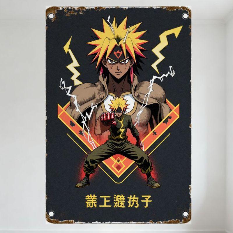 

Vintage Metal Tin Sign with Anime Characters, Spiky Hair, Lightning Bolts, Rusty Riveted Border, Japanese Text Decor for Man Cav 20x30cm（7.8x11.8inch）