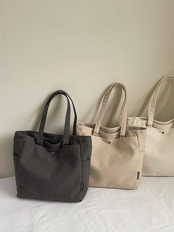 Korean Style Large Capacity Canvas Tote Bag - Lightweight, Solid Color, Shoulder Handbag with Print Logo