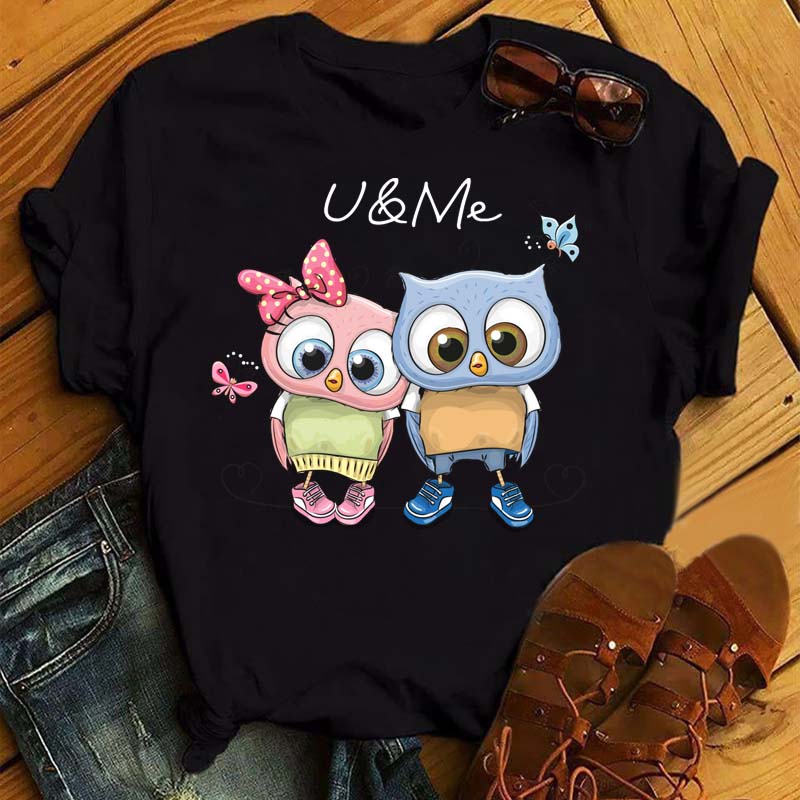 Maycaur Cartoon Owl Print Tričko Dámské Kawaii Grafické Košile Neformální Krátký rukáv Černé Dámské Tričko Harajuku s výstřihem