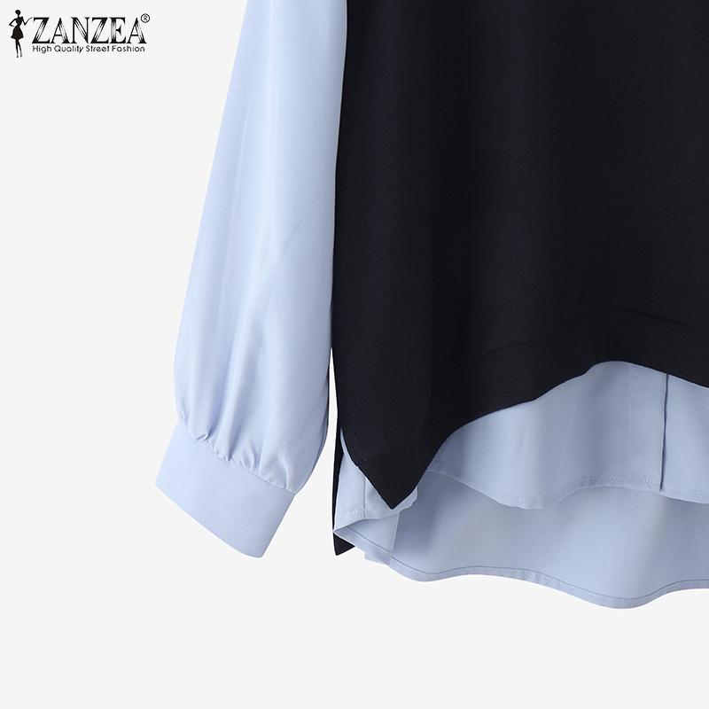 ZANZEA Women Casual Fake Two-Piece Long Sleeve Contrast Color Shirts