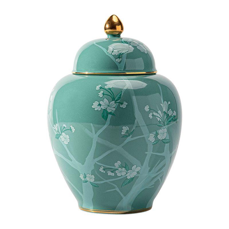 Chinese Ceramic Tea Canister Green Flower Candy Canister Delicate Multifunctional Coffee Bean Food Storage Jar Moisture-proof