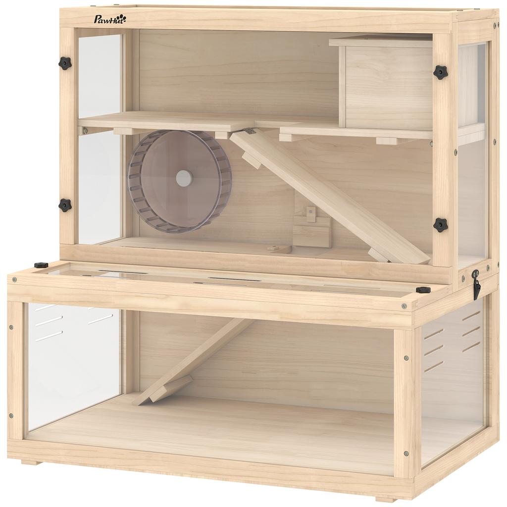 Wooden Hamster Cage with Hut, Wheel, Ramps, Removable Viewing Panels, 80 x 50 x 84 cm, Natural