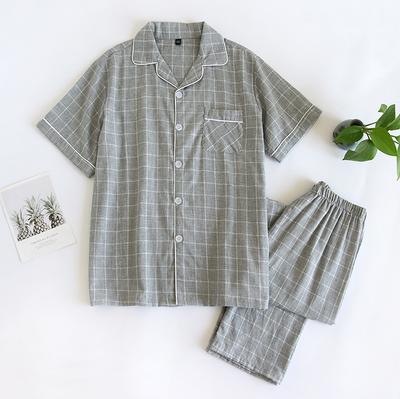 Spring and Summer Men's Pajamas Set 100% Cotton Plaid Short-sleeved + Pants Two-piece Set for Large Homes
