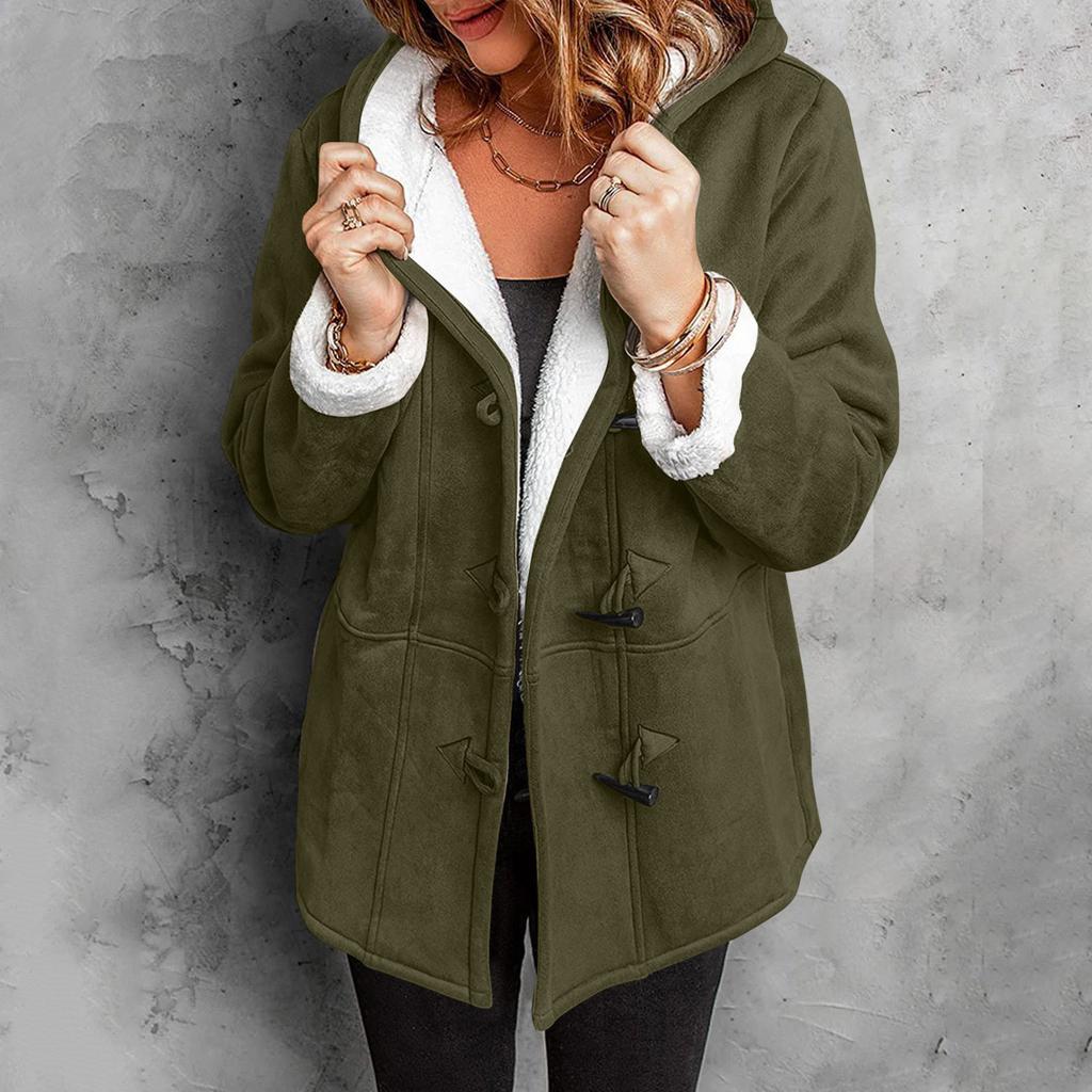 Women's Button Suede Long Windbreaker Coat Warm Long Sleeve Jacket Hooded Coat