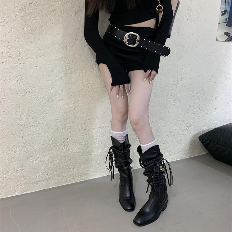 Vintage woven fringed thick heel tall boots 2025 autumn and winter thin pointed western cowboy boots stacking boots