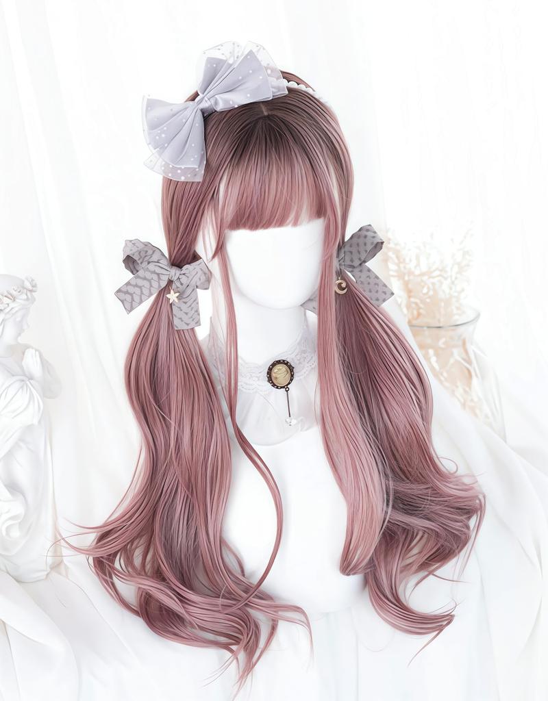 RyuuCos Lolita Wig, Long Hair, Curly, Wavy Hair, Blunt Bangs, Brown Pink Wig, Black Gradient Pink Brown, Natural Look, Harajuku Style, Cosplay, Heat