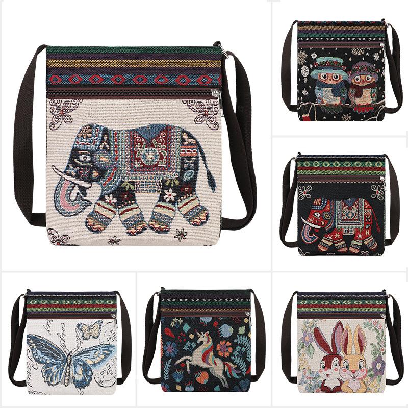 Yunnan exotic travel messenger bag elephant butterfly owl shoulder canvas small square bag