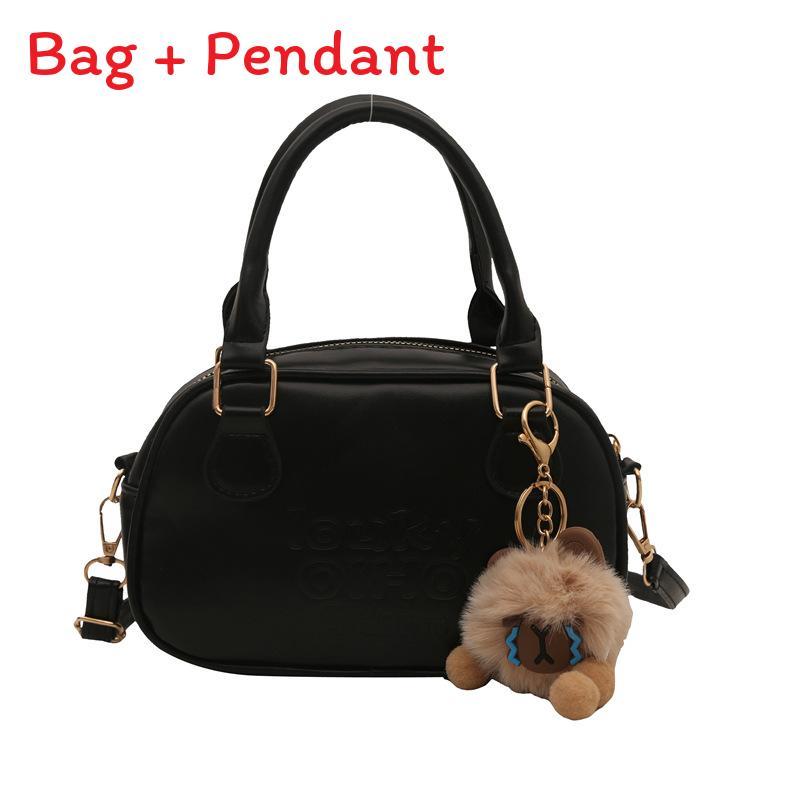 

Street Style Retro Bowling Bag For Women With Pu Material And Zipper Closure BlackwithPendant
