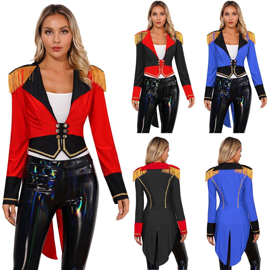 Womens Circus Ringmaster Tailcoat Double Breasted Deep V Neck Halloween Cosplay Jacket