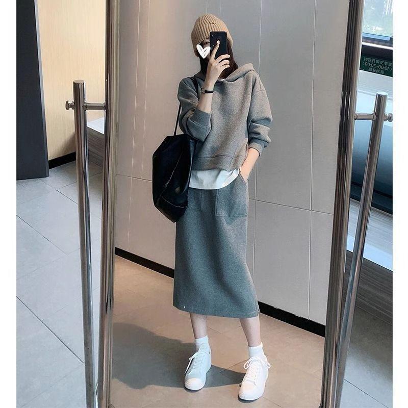 Women's Loose Fit Two-piece Skirt Suit Long Sleeve Cropped Hoodie High Waist Midi Skirt Solid Casual Matching Outfit Set