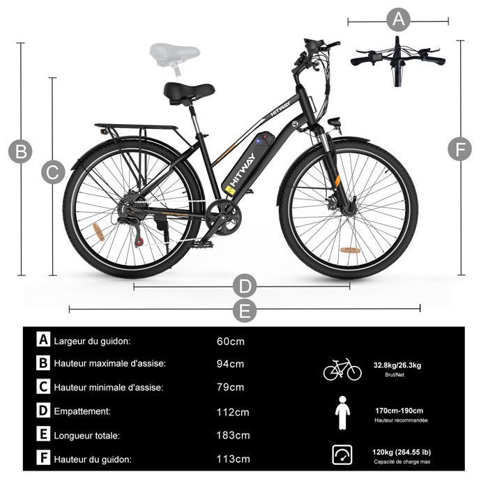 Elektrische fiets E-bike - HITWAY - Zwart - 28"- Afneembare Batterij 36V 12Ah - Shimano 7 Versnellingen - Elektrische Mountainbike + HITWAY Achtermand