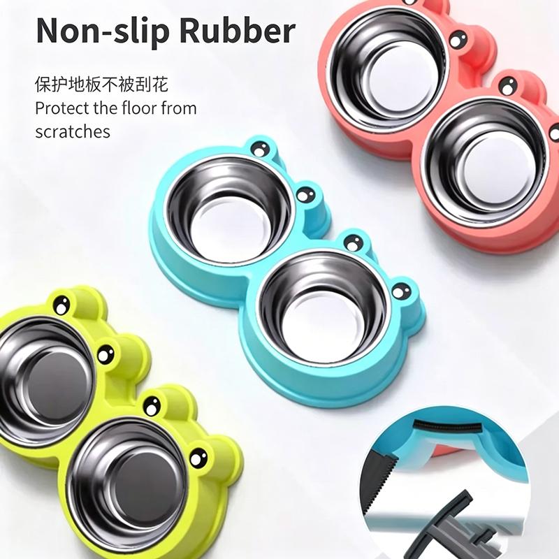 Cartoon Frog Shaped Stainless Steel Pet Double Bowl Anti Spill Dual-Use Bowl Cat And Dog Universal Feeder