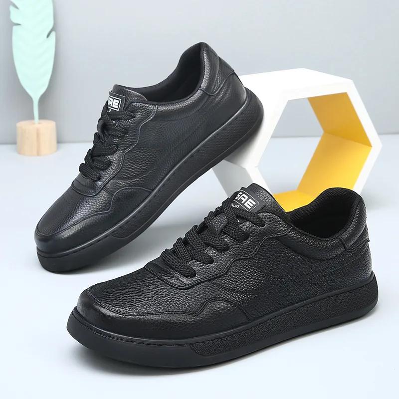 New Men Genuine Leather Casual Shoes Fashion Cool Flat Skate Shoes Street Cool Lace-up Sneaker 38 чёрный