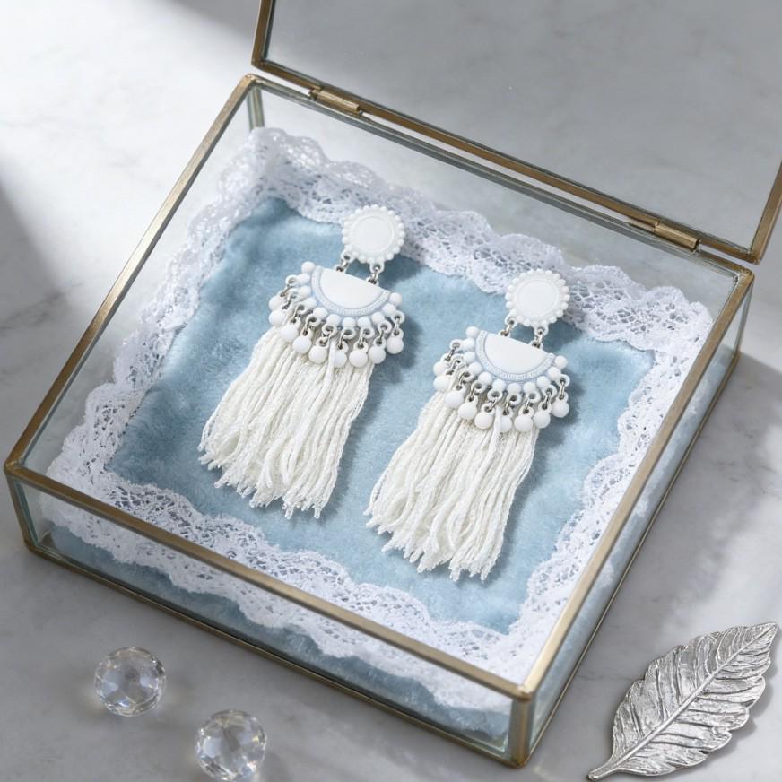 European Style Exotic Long Tassel Earrings with White Rice Beads